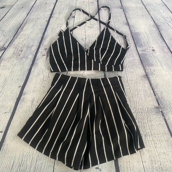 Shein Stripe Open Back Crop Cami Top And  Shorts Set - Picture 3 of 8